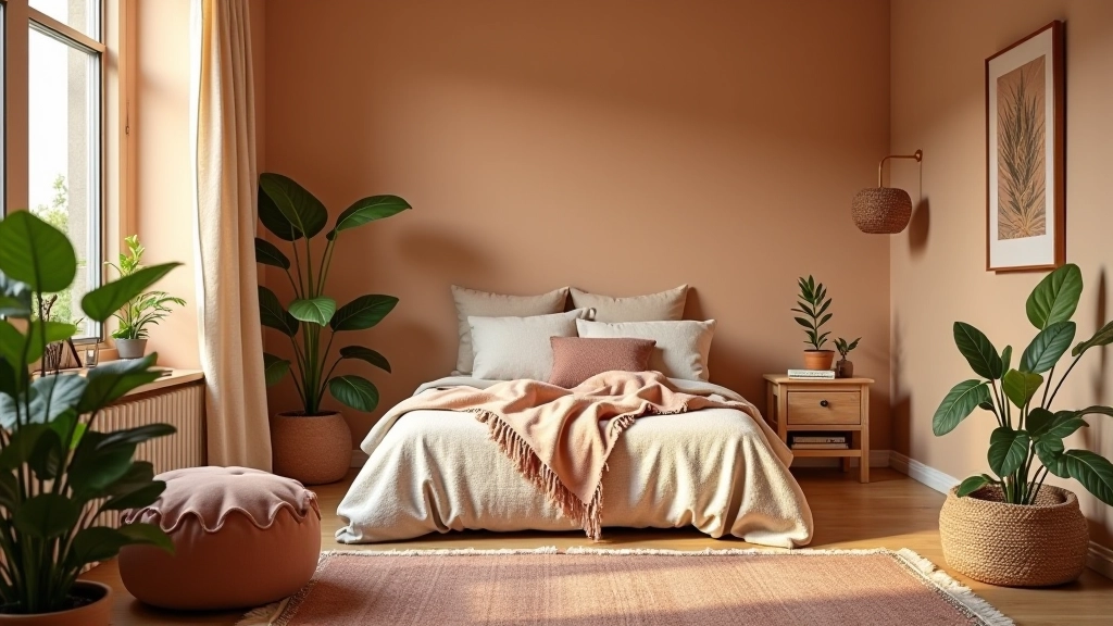 Cameretta bohemien: colori caldi, tessuti texture, piante verdi, atmosfera accogliente