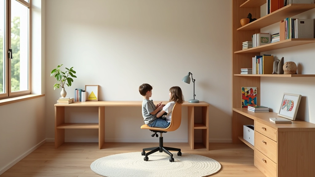 Cameretta per ragazzo con scrivania regolabile in altezza, poltrona ergonomica, libreria modulare con scaffali regolabili, luce naturale da finestra ampia, spazio funzionale e ordinato