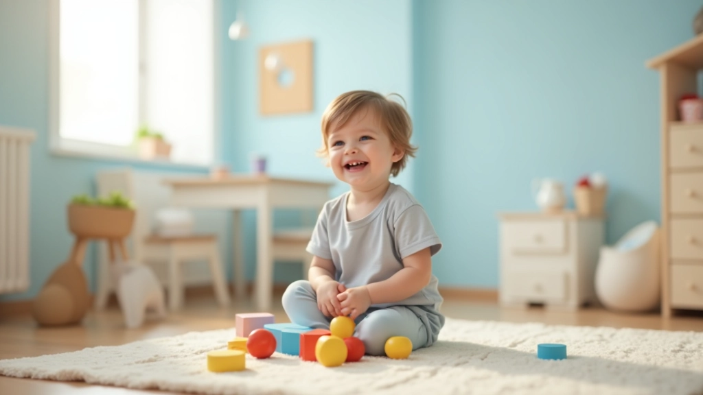 Bambino di 5 anni che gioca con i giocattoli in una cameretta luminosa e colorata con pareti azzurre e decorazioni in toni pastello