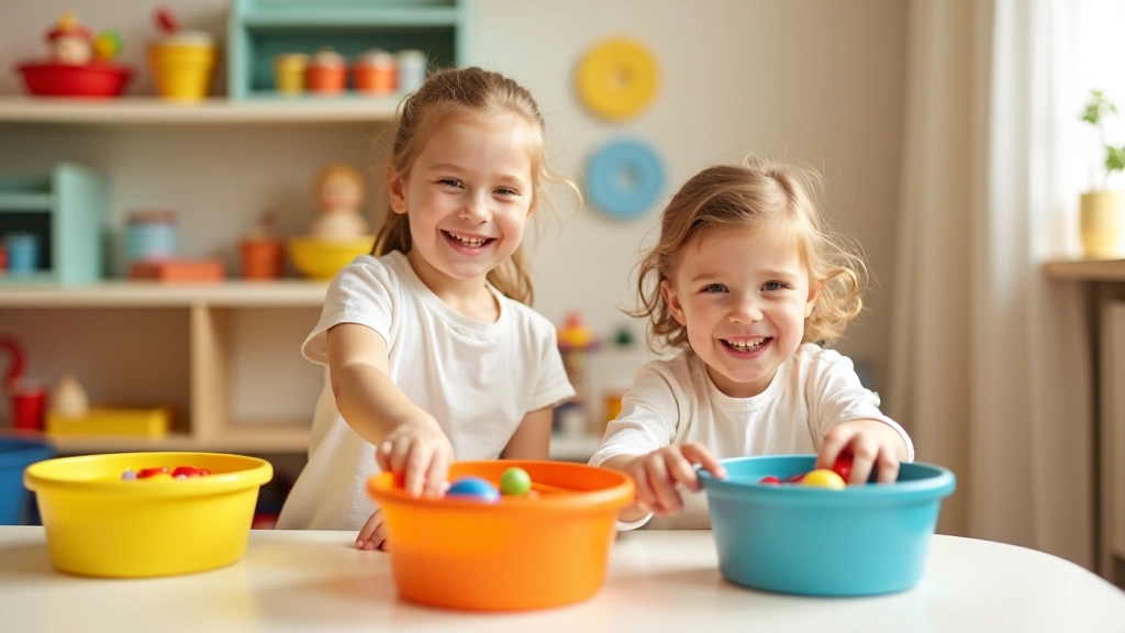 Bambini che giocano insieme a organizzare giocattoli in cesti colorati, cameretta luminosa con scaffali aperti, sorrisi felici durante l'attività di riordino