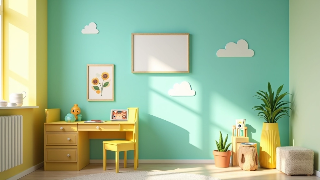 Parete di una cameretta dipinta con colori vivaci ma armoniosi: azzurro cielo, verde menta e giallo sole. Poster educativi e decorazioni tematiche