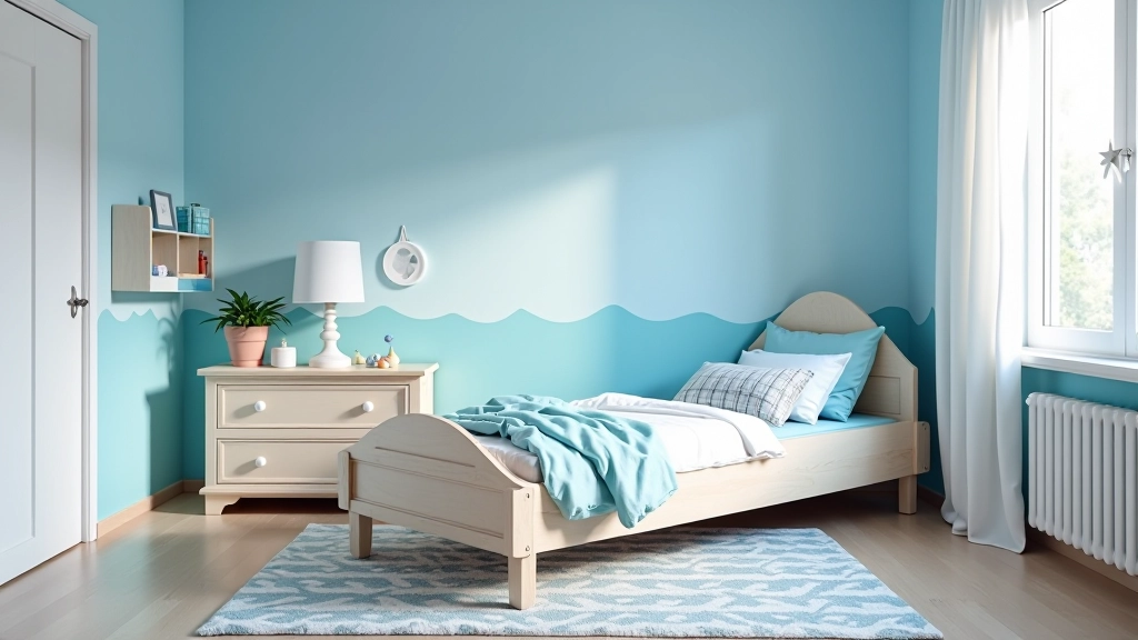 Cameretta con tema marino: pareti blu oceano, letto con testata a forma di nave, accessori nautici