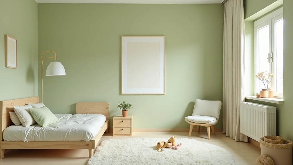 Cameretta con palette cromatica soft: verde salvia, bianco e legno naturale