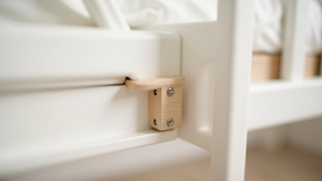Dettaglio di un letto convertibile bianco con meccanismo di estensione visibile, mostra come la testata e il basamento si allargano, studio fotografico con illuminazione professionale, fuoco nitido