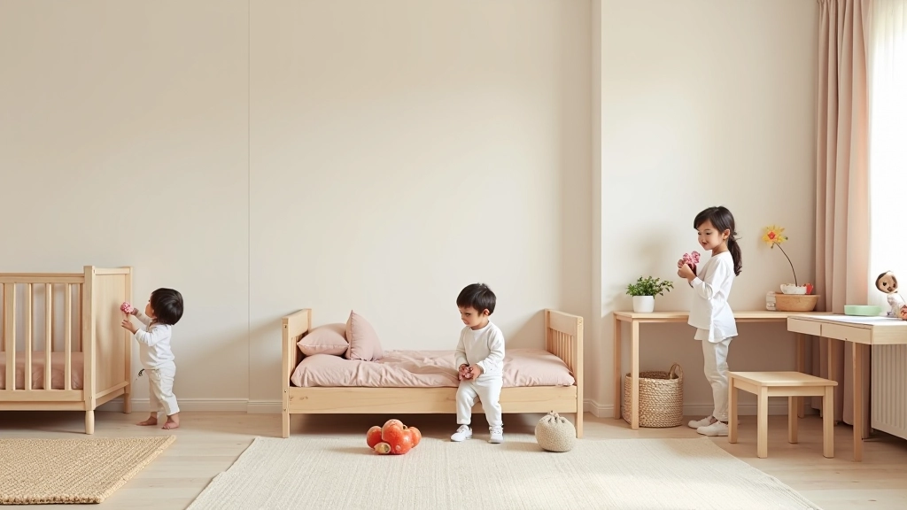 Collage che mostra l'evoluzione di una cameretta da neonato a adolescente con mobili adattabili e design modulare