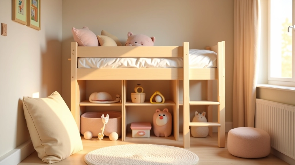 Letto a soppalco compatto in cameretta piccola con area gioco sottostante ben organizzata