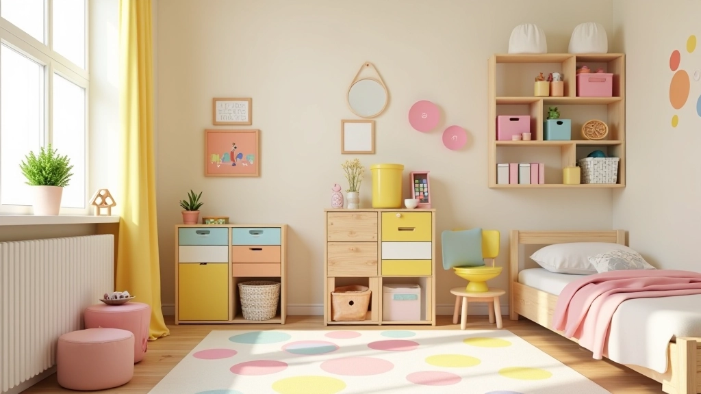Sistema di stoccaggio modulare con ceste colorate e scaffali a parete
