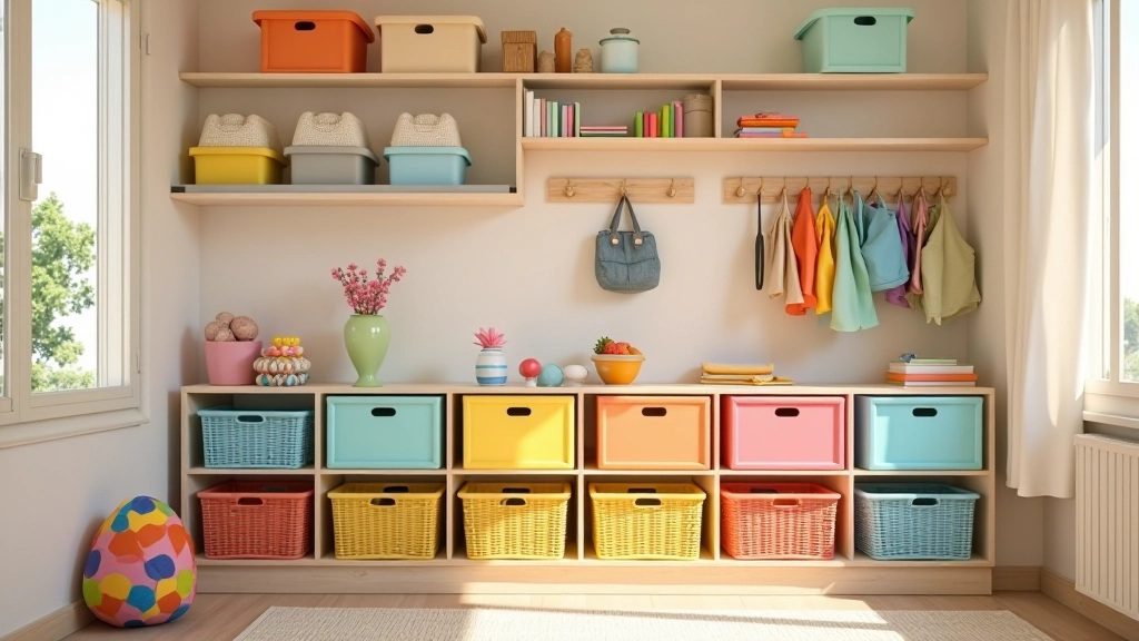 Sistema di stoccaggio creativo con cesti di vimini colorati, scaffali aperti con scatole organizzate, ganci per appendere zaini e attrezzi. Ordine senza essere sterile