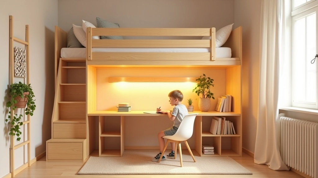 Letto a soppalco con scrivania integrata in legno naturale, illuminazione LED sottile, libreria piccola e organizzatore per quaderni