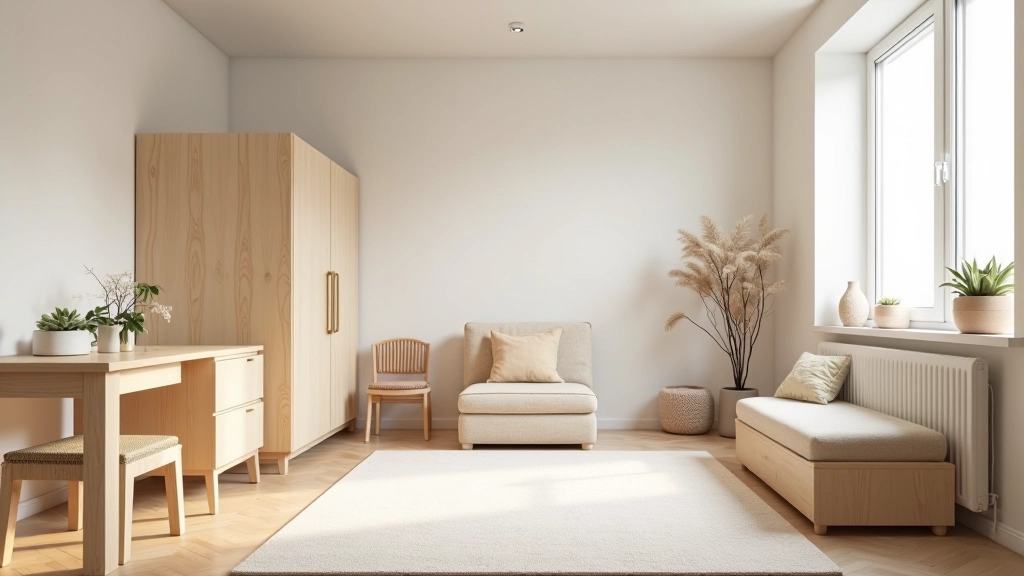 Cameretta minimale scandinava: colori neutri, legno naturale, spazi aperti, organizzazione funzionale
