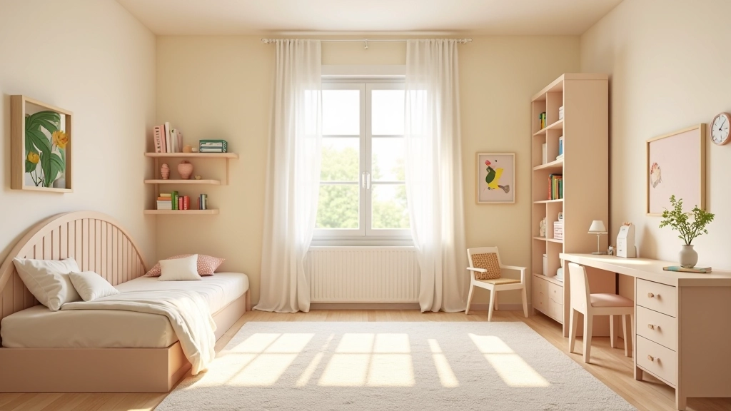 Cameretta moderna e luminosa con colori armoniosi, spazi organizzati per gioco e studio, design child-friendly