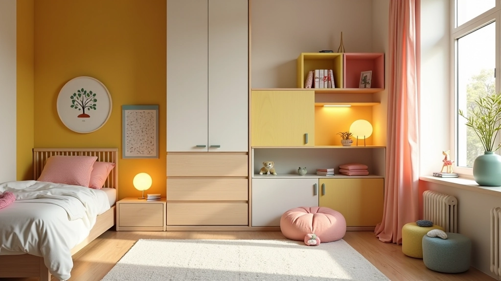 Cameretta moderna con soluzioni di stoccaggio creative e mobili adattabili