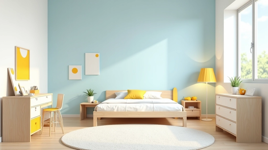 Cameretta con parete principale azzurra cielo, mobili bianchi e legno naturale, piccoli accenti gialli in quadri e lampada da comodino