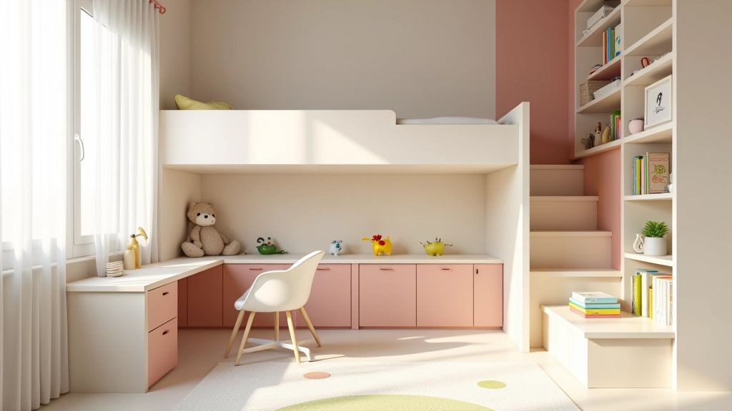 Cameretta moderna con letto a soppalco, scrivania integrata e colori pastello. Spazio organizzato con scaffali a parete e giochi ordinati
