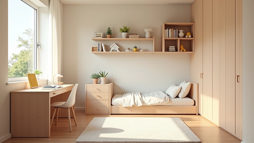Cameretta progettata con tavolo studio e letto singolo