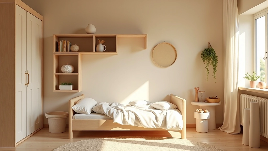 Cameretta montessori: lettino basso, scaffali accessibili, materiali naturali, ambiente ordinato