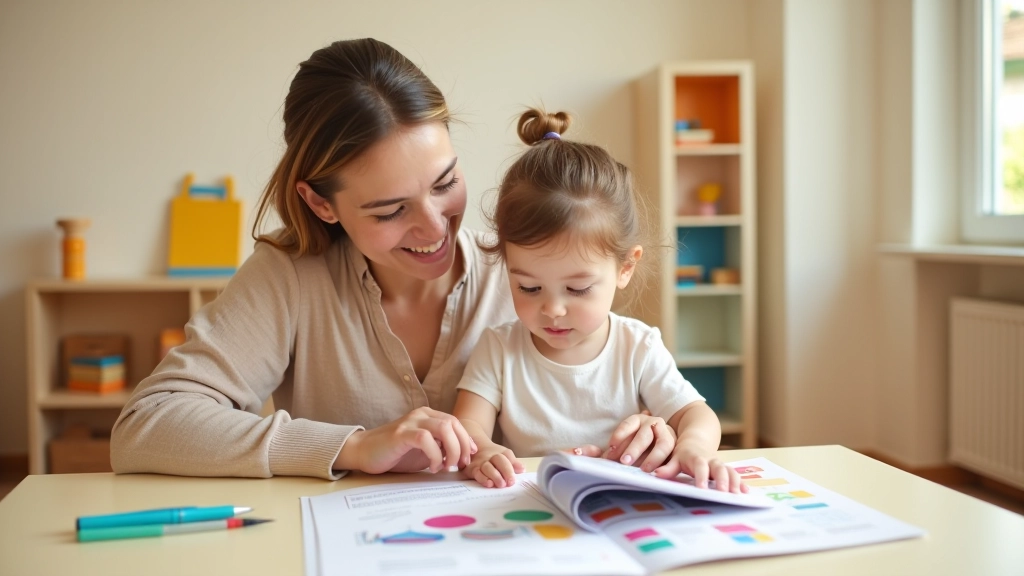 Genitore e bambino che leggono insieme un libro sulla organizzazione, con diagrammi colorati e illustrazioni, momento di insegnamento positivo e condiviso