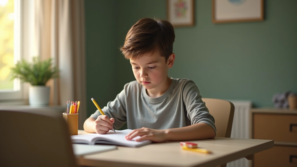 Ragazzo adolescente che studia alla scrivania in una cameretta con pareti grigio-verde e illuminazione naturale calda
