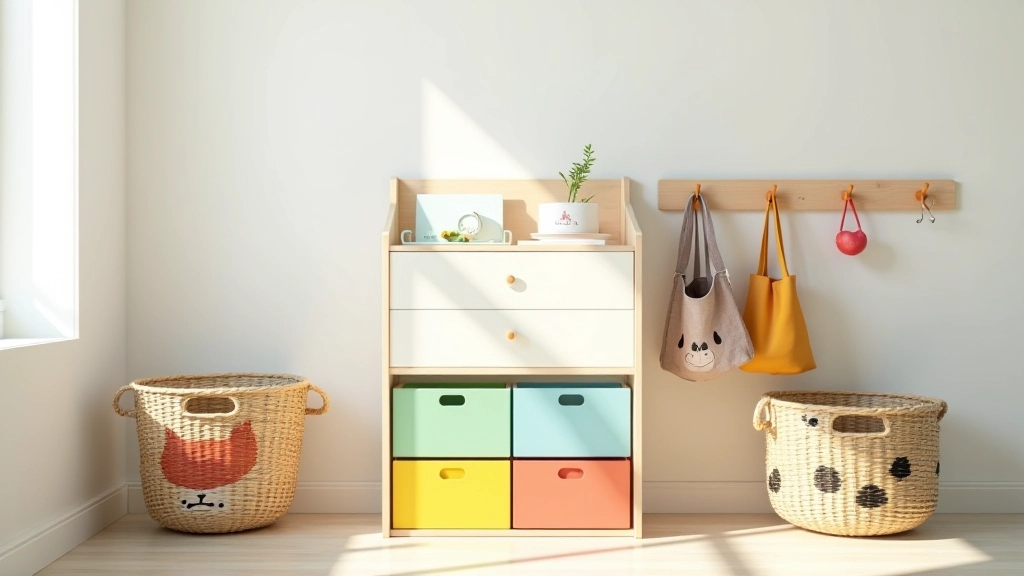 Tre diversi sistemi di stoccaggio fianco a fianco: cesti di vimini tematici, cassetti etichettati colorati, e ganci per appendere zaini. Organizzazione funzionale e visivamente piacevole